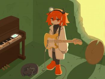 1girl a.i._voice adachi_rei arms_at_sides black_pantyhose black_shirt broken_wall cat cellphone coat commentary_request cymbals electric_guitar expressionless full_body guitar guitar_strap hair_ribbon headlamp highres indoors instrument long_sleeves one_side_up open_clothes open_coat orange_eyes orange_hair orange_shoes oyoida_kibisu pantyhose phone piano radio_antenna ribbon scanlines shadow shirt shoes short_hair shuumatsu_ohanashi_club_(utau) sleeping_animal sleeves_past_fingers sleeves_past_wrists smartphone solo standing utau white_coat white_ribbon