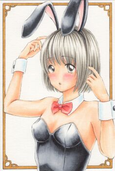 1girl :o absurdres animal_ear_hairband animal_ears black_hairband black_leotard blush border bow bowtie breasts commentary_request detached_collar fake_animal_ears grey_eyes grey_hair hairband hands_up highres leotard looking_at_viewer marker_(medium) midori_(mira567) orange_border original outside_border parted_lips playboy_bunny rabbit_ear_hairband rabbit_ears red_bow red_bowtie short_hair small_breasts solo strapless strapless_leotard traditional_media upper_body white_background white_wrist_cuffs wrist_cuffs