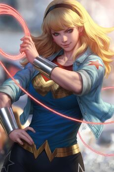 1girl belt black_hairband black_pants blonde_hair blue_eyes blue_jacket blue_shirt blurry blurry_background bracer cassie_sandsmark comic_cover cropped_jacket dc_comics denim denim_jacket depth_of_field earrings gold gold_belt hairband hand_on_own_hip highres holding_lasso jacket jewelry lasso long_hair official_art open_clothes open_jacket pants shirt short_sleeves signature solo stanley_lau star_(symbol) star_earrings wonder_girl wonder_woman_(series)