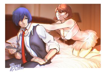 Rule 34 | 1boy, 1girl, bed, black vest, blue hair, border, breasts, brown hair, cleavage, controller, couple, holding, holding controller, kaen (yoltablaze), lingerie, necktie, on bed, persona, persona 3, remote control, shirt, signature, takeba yukari, underwear, vest, white border, yuuki makoto (persona 3)