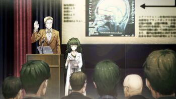 1boy 1girl 6+others alexis_leskinen bald blonde_hair blunt_bangs brown_jacket buttons closed_mouth clothing_request coat collar collarbone collared_shirt computer crowd curtains dress flat_chest from_behind game_cg glasses green_collar green_eyes green_hair green_trim grey_dress grin hand_up height_difference highres hiyajou_maho holding holding_tablet_pc hood hood_down hoodie huke jacket lab_coat lapels laptop long_hair long_sleeves looking_at_another messy_hair microphone multiple_others nape non-web_source notched_lapels official_art rabbit_zipper ringed_eyes science_adventure shirt short_hair smile square_pupils standing steins;gate steins;gate_0 tablet_pc thick_eyebrows very_long_hair very_short_hair white_coat white_shirt