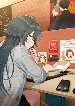 1boy 1girl absurdres antenna_hair ayuppe bag black_skirt blue_bag blush cellphone character_name chicken_nuggets coat commentary_request cup disposable_cup eating electrical_outlet fast_food food food_in_mouth gakuen_idolmaster green_eyes green_hair grey_coat hair_between_eyes hair_flaps handbag highres idolmaster incoming_call indoors jacket long_hair mcdonald&#039;s phone plaid_clothes plaid_jacket producer_(idolmaster) qr_code ronald_mcdonald sidelocks sign sitting skirt sleeves_rolled_up smartphone solo_focus sweat table talking_on_phone translation_request tsukimura_temari watermark