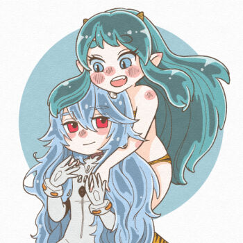 2girls animal_print ayanami_rei bikini blue_eyes blue_hair blush bodysuit commentary cone_horns crossover evangelion:_3.0+1.0_thrice_upon_a_time eyelashes horns hozumiaka long_hair lowres lum mecha_pilot_suit multiple_girls neon_genesis_evangelion nose_blush open_mouth plugsuit pointy_ears print_bikini rebuild_of_evangelion red_eyes shoulder_blush smile swimsuit thick_eyebrows tiger_print urusei_yatsura white_bodysuit