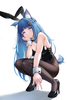Rule 34 | 1girl, absurdres, animal ear fluff, animal ear hairband, animal ears, bare shoulders, black bow, black bowtie, black leotard, black pantyhose, blue eyes, blue hair, blue nails, blunt bangs, blush, bow, bowtie, braid, breasts, cleavage, closed mouth, commentary request, detached collar, dintea, fake animal ears, fingernails, hair intakes, hair ornament, hairband, hand on own cheek, hand on own face, hand up, high heels, highres, iruni (meridian project), large breasts, legs, leotard, long fingernails, long hair, looking at viewer, meridian project, nail polish, pantyhose, playboy bunny, pout, rabbit ear hairband, rabbit ears, side braid, sidelocks, simple background, solo, squatting, strapless, strapless leotard, tail, thighs, very long hair, white background, white wrist cuffs, wrist cuffs