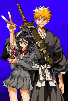 Rule 34 | 1boy, 1girl, absurdres, black eyes, black hair, black kimono, blazer, bleach, blue background, bow, collared shirt, commentary request, gloves, height difference, highres, jacket, japanese clothes, karakura high school uniform, katana, kimono, kuchiki rukia, kurosaki ichigo, large hands, medium hair, orange eyes, orange hair, red bow, red gloves, revision, school uniform, shihakusho, shirt, simple background, single glove, sword, v, v-shaped eyebrows, weapon, weapon on back, white shirt, xi luo an ya