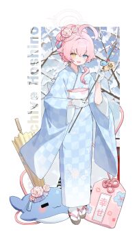 1girl absurdres ahoge alternate_costume alternate_hairstyle arrow_(projectile) blue_archive blue_eyes blue_kimono blush commentary_request ema flower flower_on_head full_body gloves hair_between_eyes halo hamaya heterochromia highres holding holding_arrow hoshino_(blue_archive) japanese_clothes kimono long_sleeves looking_at_viewer matgandaramjwi obi okobo omamori open_mouth pink_flower pink_hair pink_halo platform_sandals sandals sash smile socks solo stuffed_whale tabi white_gloves white_socks wide_sleeves yellow_eyes