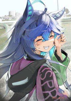 1girl absurdres ahoge animal_ears blue_hair dated ear_covers highres horse_ears horse_girl horse_racing_track long_hair long_sleeves looking_back multicolored_hair outdoors photo_inset ricca_miz sharp_teeth smile solo tears teeth twin_turbo_(blast_mode!_turbo_engine)_(umamusume) twin_turbo_(umamusume) umamusume upper_body