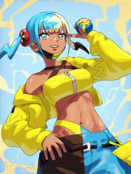 1girl bandeau belt black_belt blue_eyes breasts canari_(pokemon) center-flap_bangs commentary cropped_jacket eyelashes grin hand_on_own_hip hand_up highres holding holding_poke_ball jacket kureikyo1031 long_sleeves mask mask_pull medium_breasts mouth_mask multicolored_hair navel nintendo open_clothes open_jacket pants poke_ball pokemon pokemon_legends:_z-a quick_ball single_off_shoulder smile solo teeth twintails twitter_username yellow_bandeau yellow_jacket zipper zipper_pull_tab