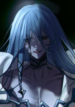 1boy 96taki_5 azrael_(grand_assassin)_(fate) bags_under_eyes black_background black_eyes blue_hair colored_skin commentary_request dark-skinned_male dark_skin facial_scar fate/grand_order fate_(series) grey_skin hair_between_eyes hair_ornament highres long_hair male_focus open_mouth pectorals scar scar_on_cheek scar_on_chest scar_on_face scar_on_neck smile solo upper_body