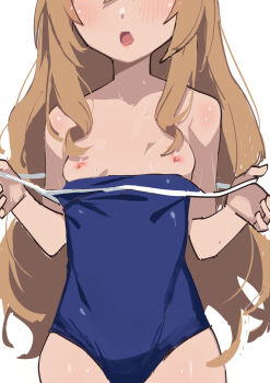 1girl aisaka_taiga blue_one-piece_swimsuit blush breasts brown_hair clothes_pull competition_school_swimsuit female_focus gradient_background head_out_of_frame highres loli long_hair morisobo nipples one-piece_swimsuit one-piece_swimsuit_pull open_mouth pulling_own_clothes school_swimsuit sidelocks simple_background small_breasts solo standing swimsuit toradora! upper_body wet white_background