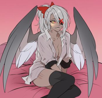 1girl ailuigcolors angel angel_wings bite_mark bite_mark_on_breast black_thighhighs blush borrowed_clothes bow colored_sclera colored_skin commentary english_commentary eyepatch grey_skin grey_wings hair_bow hazbin_hotel hellaverse hickey highres implied_after_sex implied_yuri looking_at_viewer no_bra no_panties on_bed open_clothes open_shirt pink_sclera ponytail scratches sleeves_rolled_up solo thighhighs vaggie wings yellow_eyes
