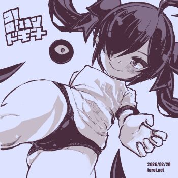 1girl ahoge backbeako_(torotei) backbeard blush breasts buruma cameltoe closed_mouth commentary covered_erect_nipples cowboy_shot dated dated_commentary dutch_angle from_below gegege_no_kitarou gluteal_fold gym_shirt gym_uniform hair_over_one_eye hair_ribbon kono_lolicon_domome loli long_hair looking_at_viewer monochrome original outstretched_arm outstretched_hand paid_reward_available pointy_ears ribbon shirt short_sleeves simple_background small_breasts smile solo thighs torotei translated twintails watermark web_address white_background wide_hips