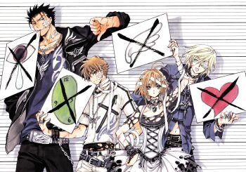 1girl 3boys :p absurdres bandages bandage_over_one_eye bandaid belt casual clamp drawing fai_d._flowright heart highres injury jewelry kurogane kurogane_(tsubasa_chronicle) marker_(medium) mouth_hold multiple_boys necklace official_art ring sakura_hime tongue tongue_out torn_clothes traditional_media tsubasa_chronicle xiaolang