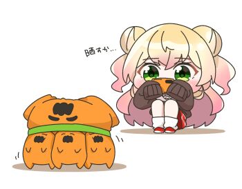 Rule 34 | 1girl, blonde hair, brown cardigan, cardigan, cellphone, character print, chibi, commentary, double bun, gradient hair, green eyes, hair bun, hashtag-only commentary, highres, holding, hololive, long hair, loose socks, male underwear, momosuzu nene, multicolored hair, nekko (momosuzu nene), phone, pink hair, plaid clothes, plaid skirt, print male underwear, red shoes, red skirt, shoes, side-by-side, simple background, skirt, smile, socks, suzunami illust, translation request, underwear, underwear on head, virtual youtuber, white background, white socks