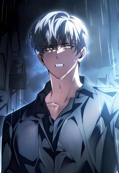1boy absurdres black_shirt blood blood_on_face grey_hair highres looking_at_viewer ma_kyung-rok_(the_100th_regression_of_the_max-level_player) male_focus open_mouth rain shirt short_hair teeth the_100th_regression_of_the_max-level_player upper_body