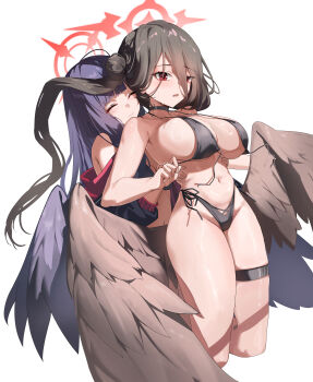2girls absurdres bikini black_bikini black_choker black_hair black_jacket black_wings blue_archive blush breasts choker closed_mouth ct.ender feathered_wings hair_between_eyes halo hands_on_another&#039;s_chest hasumi_(blue_archive) hasumi_(swimsuit)_(blue_archive) highleg highleg_bikini highres ichika_(blue_archive) ichika_(swimsuit)_(blue_archive) jacket large_breasts long_bangs long_hair multiple_girls navel official_alternate_costume official_alternate_hairstyle open_mouth purple_hair red_eyes red_halo sidelocks smile stomach swimsuit thigh_strap wings