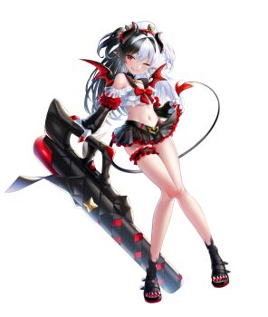 1girl alecky breasts demon_girl full_body grin highres holding holding_weapon horns lilith-soft looking_at_viewer mini_wings miniskirt multicolored_hair navel pointy_ears red_eyes revealing_clothes shiny_skin skirt small_breasts smile tail taimanin_(series) taimanin_rpgx transparent_background tsune-sensei two-tone_hair weapon wide_hips wings