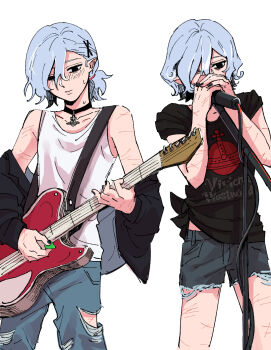 2boys alternate_hairstyle black_collar black_eyes black_jacket black_shirt bob_cut collar denim denim_shorts dungeon_meshi elf grey_hair guitar guitar_strap highres instrument jacket jacket_partially_removed jeans kabru male_focus messy_hair microphone mithrun multiple_boys music no_pupils one_eye_covered pants playing_guitar playing_instrument plectrum pointy_ears ponytail scar scars_all_over shirt short_hair short_sleeves shorts simple_background sleeveless too_many torn_clothes torn_jeans torn_pants trap vivienne_westwood white_background white_shirt zo_na