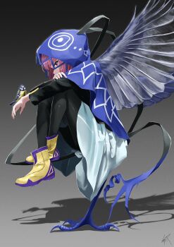 1girl bird black_pantyhose boots capelet commentary_request dress full_body highres hood hooded_capelet kaf_(kamitsubaki_studio) kamitsubaki_studio knees_to_chest living_clothes looking_at_viewer pantyhose pink_hair refutarou_(left_observer) sideways_glance solo wings