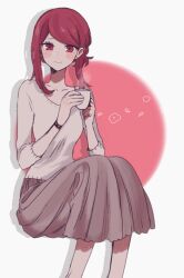 Rule 34 | 1girl, blush, bracelet, cup, drop shadow, holding, holding cup, invisible chair, jewelry, looking at viewer, maco22, mug, original, ponytail, red eyes, red hair, sitting, skirt, smile, solo, steam, sweater