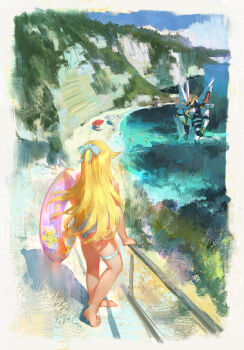 barefoot beach blonde_hair cliff commentary daible english_commentary from_behind highres long_hair mecha mythra_(xenoblade) nia_(xenoblade) official_alternate_costume one-piece_swimsuit pandoria_(xenoblade) poppi_(xenoblade) pyra_(xenoblade) rex_(xenoblade) robot siren_(xenoblade) solo_focus swim_ring swimsuit water waving xenoblade_chronicles_(series) xenoblade_chronicles_2 zeke_von_genbu_(xenoblade)