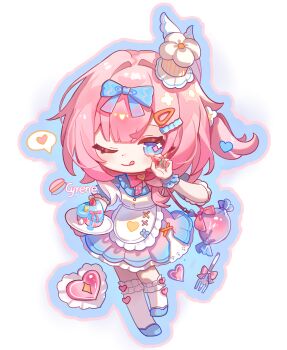 1girl ;p absurdres alternate_costume apron blue_eyes cake chef_hat chinese_commentary commentary_request cyrene_(aedes_elysiae)_(honkai:_star_rail) cyrene_(honkai:_star_rail) dress food fruit hat heart heiyi_mataozi highres holding holding_food holding_fruit holding_plate honkai:_star_rail honkai_(series) looking_at_viewer maid maid_apron multicolored_hair one_eye_closed pink_hair plate short_hair simple_background solo strawberry thighhighs tongue tongue_out two-tone_dress two-tone_hair white_background white_hair white_thighhighs