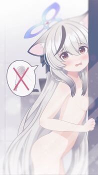 1girl absurdres against_glass animal_ear_fluff animal_ears ass bathroom black_ribbon blue_archive blue_halo blush breast_press breasts brown_eyes completely_nude crying crying_with_eyes_open dot_nose from_side furrowed_brow grey_hair hair_between_eyes hair_over_shoulder hair_ribbon halo hand_up highres kokona_(blue_archive) ksj1030 loli long_hair looking_at_viewer looking_to_the_side multicolored_hair nude open_mouth ribbon showering sidelocks small_breasts solo speech_bubble standing steam streaked_hair tears thighs tiger_ears tiger_girl very_long_hair