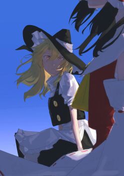 2girls apron ascot babaiwan_fengchui black_hat black_skirt black_vest blonde_hair blue_sky bow braid brown_hair commentary day detached_sleeves frilled_hair_tubes frills hair_tubes hakurei_reimu hashtag-only_commentary hat highres kirisame_marisa long_hair looking_at_another multiple_girls orange_eyes red_bow red_skirt ribbon-trimmed_sleeves ribbon_trim side_braid single_braid sitting skirt skirt_set sky touhou vest waist_apron white_apron witch_hat yellow_ascot