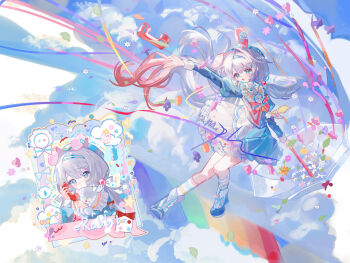 Rule 34 | 1girl, absurdres, animal ears, beret, blue dress, blue eyes, blue hat, blue sky, bow, cloud, day, dress, fake animal ears, floating, floating hair, flower, gradient hair, hair intakes, hair ornament, hairband, hairpin, hat, highres, holding, holding phone, holding umbrella, juliet sleeves, leaf, liu letian, long hair, long sleeves, looking afar, multicolored hair, multiple views, open mouth, orange ribbon, original, outdoors, phone, pink flower, pink ribbon, puffy sleeves, rainbow gradient, red bow, red ribbon, ribbon, sky, speech bubble, sunlight, umbrella, white hair, white umbrella