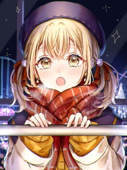 :o azusawa_kohane blue_hat earrings hair_ribbon hand_on_railing hat highres jewelry miyamasuzaka_girls'_academy_school_uniform night penny_pany project_sekai railing red_scarf ribbon scarf school_uniform short_twintails snowflake_earrings sparkle twintails vivid_bad_squad_(project_sekai) yellow_eyes