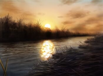 cloud commentary_request evening highres melonpan_(mygw4732) no_humans open_mouth orange_sky original river scenery sky sun sunset water winter