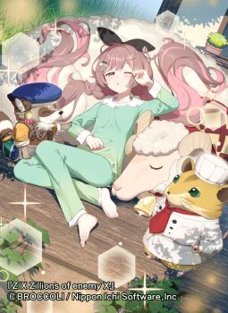 1girl :o barefoot black_bow bow braid brown_hair colette_(z/x) copyright_notice green_pajamas green_pants green_shirt hair_bow hair_ornament hairpin hamster highres kana_ami leaf long_hair low_twintails lying multicolored_hair official_art one_eye_closed pajamas pants pink_hair reclining red_panda rubbing_eyes sheep shirt sleepy sparkle twintails waking_up z/x