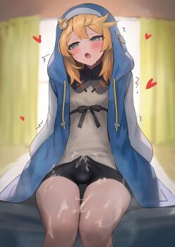 1boy :o absurdres androgyne_symbol androgynous averting_eyes bare_legs bike_shorts black_shorts blonde_hair blue_jacket blush bridget_(guilty_gear) bulge commentary_request cum cum_in_clothes cum_on_body cum_on_clothes cum_on_legs cum_through cum_through_clothes ejaculation ejaculation_under_clothes erection erection_under_clothes feet_out_of_frame guilty_gear hakusyokuto handsfree_ejaculation heart highres hood hood_up hooded_jacket indoors jacket male_focus open_mouth partial_commentary shorts sitting solo spontaneous_orgasm stained_clothes sweatdrop trap trembling variant_set wet wet_clothes