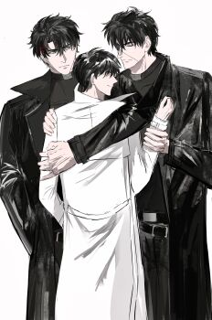 3boys 8d2suga9 anger_vein arm_around_shoulder black_coat black_hair black_shirt closed_eyes coat commentary cowboy_shot curtained_hair dual_persona english_commentary eyepatch glaring hand_in_pocket hand_on_another&#039;s_wrist highres kim_dokja looking_at_another looking_back male_focus multiple_boys omniscient_reader&#039;s_viewpoint open_clothes open_coat popped_collar possessive secretive_plotter shirt short_hair smirk white_coat yoo_joonghyuk yoo_joonghyuk_(999th_turn)