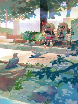 Rule 34 | 2girls, agent 3 (splatoon), agent 4 (splatoon), bento, bird, black boots, black bra, black jacket, black shoes, black shorts, blonde hair, boots, bra, breasts, closed eyes, commentary request, eating, food, food art, food in mouth, fork, full body, headphones, holding, holding bento, holding food, holding fork, inkling, jacket, long hair, medium hair, multiple girls, nintendo, on bench, open clothes, open jacket, open mouth, outdoors, pigeon, pointy ears, shoes, shorts, sitting, small breasts, sneakers, splatoon (series), splatoon 2, stomach, tako-san wiener, tentacle hair, towaxa, tree, underwear, unworn headphones, yellow eyes, yellow jacket