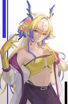 Rule 34 | 1girl, absurdres, arknights, bikini, bikini top only, black skirt, blonde hair, blue eyes, blue hair, breasts, chinese commentary, cleavage, closed mouth, colored skin, commentary, cup, dragon girl, dragon horns, flower, hair between eyes, hair flower, hair ornament, highres, holding, holding cup, horns, jacket, lany-yuyu-1097, looking at viewer, medium breasts, multicolored hair, multicolored skin, navel, open clothes, open jacket, pointy ears, red flower, shu (arknights), side slit, skirt, smile, solo, stomach, swimsuit, white hair, white jacket, yellow bikini, yellow skin