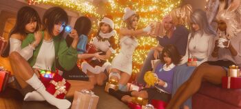 3d 6+girls aerith_gainsborough aerith_gainsborough_(fairy_of_snowfall) alternate_costume black_hair blonde_hair box brown_hair casual character_doll christmas christmas_lights dark-skinned_female dark_skin doll final_fantasy final_fantasy_ix final_fantasy_vii final_fantasy_vii:_ever_crisis final_fantasy_viii final_fantasy_x final_fantasy_xii final_fantasy_xiii final_fantasy_xv final_fantasy_xvi fran_(ff12) garnet_til_alexandros_xvii gift gift_box grey_hair hat highres hug hug_from_behind in-franchise_crossover jacket jill_warrick lightning_farron lunafreya_nox_fleuret materia multiple_girls official_alternate_costume ria_(baka-neearts) rinoa_heartilly santa_hat sitting skirt socks tidus tifa_lockhart tifa_lockhart_(fairy_of_the_holy_flame) yuffie_kisaragi yuna_(ff10)