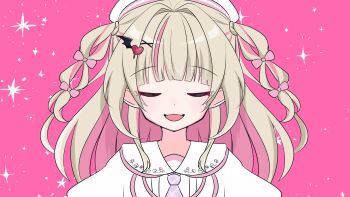 1girl :d beret blunt_bangs bow closed_eyes colored_inner_hair dress fangs floral_print grey_hair hair_bow hair_intakes hair_ornament hair_over_shoulder hair_tie hairpin hat heart heart_hair_ornament highres long_hair makaino_ririmu multicolored_hair necktie nijisanji official_alternate_costume official_alternate_hairstyle open_mouth pink_background pink_bow pink_hair pink_streaks plaid_clothes plaid_necktie pointy_ears portrait puffy_short_sleeves puffy_sleeves purple_necktie red_eyes sailor_collar school_uniform short_sleeves sidelocks simple_background skin_fangs smile solo sparkle_background straight-on streaked_hair striped_bow takomi_v two-tone_hair two_side_up virtual_youtuber white_dress white_hat white_sailor_collar winged_hair_ornament x_hair_ornament