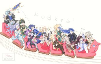 Rule 34 | !, > <, 6+boys, 6+girls, ?, absurdres, aether (genshin impact), albedo (genshin impact), antlers, artist name, black coat, black gloves, blank eyes, blonde hair, blood, blue hair, boots, braid, bridal gauntlets, closed eyes, closed mouth, coat, collared coat, columbina (genshin impact), commentary, covered eyes, covering another's eyes, cross scar, crossed arms, crying, d:, detached collar, detached sleeves, dottore (genshin impact), dragon boy, dragon horns, dragon tail, dragon wings, dress, durin (genshin impact), dx, english commentary, eye mask, facial scar, facing another, fingerless gloves, flins (genshin impact), floating hair, from side, fur collar, genshin impact, gloves, green eyes, green hair, grey hair, hair between eyes, hair in face, hand on own cheek, hand on own face, hand over another's eyes, hands on another's face, hat, head wings, headdress, headpiece, highres, holding, holding notepad, horns, illuga (genshin impact), injury, jacket, jingasa, large hat, lauma (genshin impact), light bulb, light smile, long hair, long sleeves, looking ahead, looking at another, mask, motion lines, multicolored hair, multiple boys, multiple girls, nefer (genshin impact), nervous sweating, no eyes, notepad, open clothes, open jacket, open mouth, outstretched arms, own hands together, paimon (genshin impact), pants, parted lips, partially shaded face, purple hair, red hair, red streaks, roller coaster, sandrone (genshin impact), scar, scar on cheek, scar on face, scaramouche (genshin impact), scarf, short hair, single braid, single fingerless glove, sitting, sooxy, spoken light bulb, spread arms, standing, star (symbol), streaked hair, streaming tears, sweat, tail, tears, tongue, tongue out, trembling, two-tone hair, unworn hat, unworn headwear, usekh collar, varka (genshin impact), very long hair, wanderer (genshin impact), watermark, wide sleeves, wings