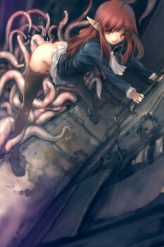 black_legwear clothes_pull elf highres hitomaru loli open_mouth pantyhose pantyhose_pull pointy_ears rape red_eyes shoes shrine spread_legs tears tentacles