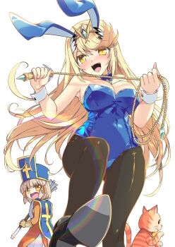 Rule 34 | 2girls, black pantyhose, black shoes, blonde hair, blue bow, blue bowtie, blue hairband, blue hat, blue leotard, blush, bow, bowtie, breasts, cat, chest jewel, commentary request, core crystal (xenoblade), cosplay, covered navel, detached collar, dragon quest, dragon quest iii, gadabout (dq3), gadabout (dq3) (cosplay), gem, green gemstone, hairband, hat, highres, holding, holding mace, holding weapon, holding whip, large breasts, leotard, long hair, looking at viewer, mace, multiple girls, mythra (xenoblade), nia (xenoblade), open mouth, orange cat, pantyhose, playboy bunny, priest (dq3), priest (dq3) (cosplay), shoes, simple background, smile, solo focus, strapless, strapless leotard, tabard, tiara, watsuki ayamo, weapon, white background, white wrist cuffs, wrist cuffs, xenoblade chronicles (series), xenoblade chronicles 2, yellow eyes
