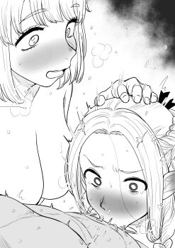 1boy 2girls :>= absurdres blush breasts censored cooperative_fellatio dungeon_meshi elf erection falin_touden falin_touden_(tallman) fellatio ffm_threesome greyscale group_sex hair_around_ear hetero highres interspecies kaiman_garupan large_breasts licking licking_penis long_hair marcille_donato monochrome multiple_girls nude open_mouth oral penis pointy_ears pov simple_background steaming_body sweat teamwork teamwork_(sexual) threesome white_background