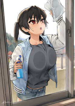 1girl against_glass black_hair black_shirt blue_jacket blue_shorts breast_press breasts breasts_on_glass cleaning cleaning_windows commentary_request gaki_kyonyuu hair_between_eyes highres holding jacket kaedeko_(kaedelic) large_breasts looking_up multicolored_jacket open_mouth oppai_loli outdoors red_eyes sasaki_kanna shirt shorts signature solo twintails two-tone_jacket white_jacket window