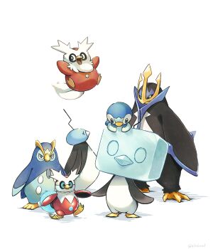 bird black_sclera blue_eyes closed_mouth colored_sclera commentary_request delibird eiscue eiscue_(ice) eiscue_(noice) empoleon gen_2_pokemon gen_4_pokemon gen_8_pokemon highres ice iron_bundle nintendo no_humans non-humanoid_robot open_mouth penguin piplup pokemon pokemon_(creature) pokemon_focus prinplup robot simple_background smile species_connection uln6uad v-shaped_eyes white_background