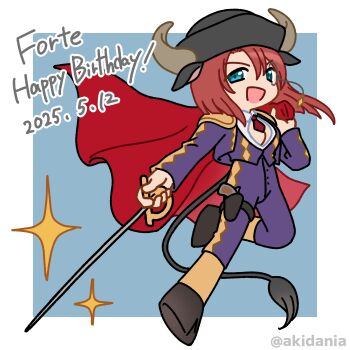 Rule 34 | 1girl, :d, absurdres, alternate costume, blue eyes, cape, character name, dated, forte stollen, galaxy angel, happy birthday, highres, holding, holding sword, holding weapon, kitaru, monocle, monocle chain, open mouth, red cape, red hair, short hair, smile, solo, star (symbol), sword, twitter username, weapon