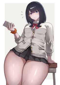 1girl absurdres black_hair black_skirt blue_eyes blush border breasts cardigan closed_mouth commentary_request desk grey_background gridman_universe highres holding holding_phone long_sleeves looking_at_viewer medium_hair notice_lines partially_unbuttoned phone pleated_skirt school_desk school_uniform scrunchie shee-p_(inemurisheep113) sitting skirt small_breasts solo ssss.gridman takarada_rikka thick_thighs thighs white_border white_cardigan wrist_scrunchie