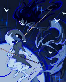 absurdres arthropod_girl black_eyes black_hair blank_eyes bug butterfly colored_skin empty_eyes floating_hair highres holding holding_weapon hollow_eyes hollow_knight hollow_knight:_silksong insect lace_(hollow_knight) looking_at_another phantom_(hollow_knight) pin_(hollow_knight) primsheep siblings sisters weapon white_eyes white_skin