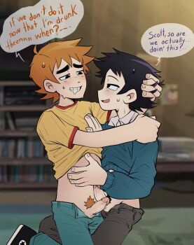 2boys black_eyes black_shoes blue_pants blue_sweater blush bryan_lee_o&#039;malley_(style) clothes_lift commentary denim dork_nokia drunk english_commentary english_text erection eye_contact grey_pants grin highres indoors jeans long_sleeves looking_at_another male_focus male_pubic_hair multiple_boys open_fly open_mouth pants penis penises_touching pubic_hair scott_pilgrim scott_pilgrim_(series) shirt shirt_lift shoes short_sleeves sitting sitting_on_person smile sneakers speech_bubble sweatdrop sweater t-shirt testicles thick_eyebrows wallace_wells yaoi yellow_shirt