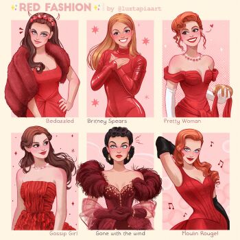 6+girls bedazzled black_gloves black_hair blair_wardorf blonde_hair bodysuit breasts britney_spears brown_hair cabaret character_name cleavage commentary copyright_name dress english_commentary fashion fur-trimmed_dress fur_trim gloves gone_with_the_wind gossip_girl grin hairband highres jewelry latex long_hair lucifer_(bedazzled) luztapiaart moulin_rouge multiple_drawing_challenge multiple_girls necklace oops!_...i_did_it_again orange_hair pretty_woman real_life red_bodysuit red_dress red_theme satine_(moulin_rouge) scarlett_o&#039;hara short_hair smile stole vivian_ward white_gloves y2k_fashion