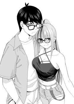 >:) 1boy 1girl :/ alternate_costume alternate_hairstyle antenna_hair bare_shoulders belt black-framed_eyewear black_hair black_shirt blunt_bangs breasts casual cleavage closed_mouth collarbone commentary couple cowboy_shot criss-cross_halter curvy english_commentary eyebrows_hidden_by_hair eyelashes frown glasses go-toubun_no_hanayome halterneck hand_in_pocket happy_birthday hetero highres hug kosmos_beta large_breasts long_hair looking_at_viewer monochrome nakano_nino navel open_clothes open_shirt shirt short_hair shorts simple_background sleeveless sleeveless_shirt standing straight_hair sunglasses swept_bangs uesugi_fuutarou upturned_eyes v-shaped_eyebrows very_long_hair white_background